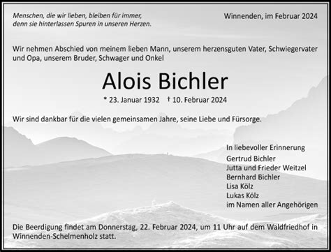 Traueranzeigen Von Alois Bichler ZVW Trauer