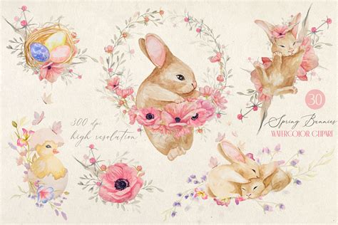 Easter Bunnies And Spring Flowers Watercolor Clipart By Createssy