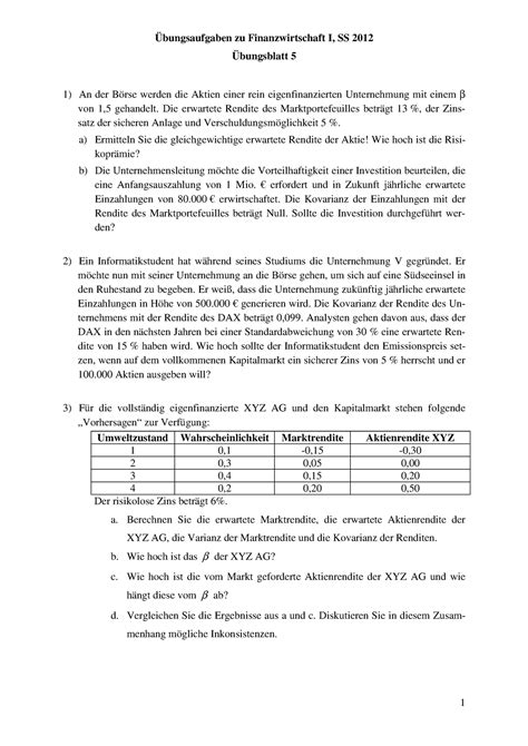 Ü bung 5 Übung Übungsaufgaben zu Finanzwirtschaft I SS 2012