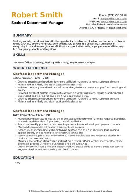 Seafood Department Manager Resume Samples Qwikresume