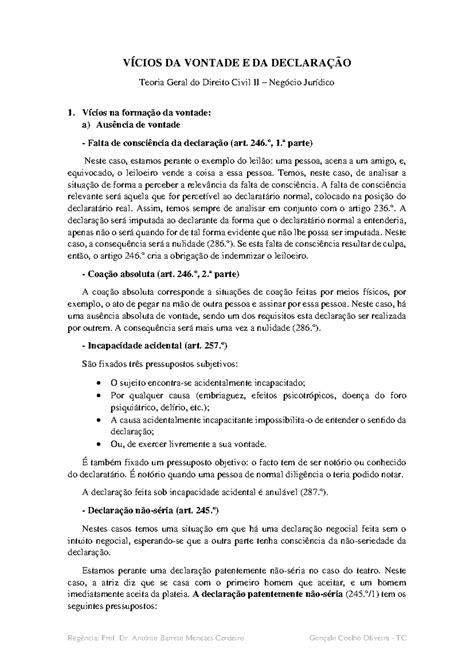Vícios da vontade e da declaração (esquema) - Gonçalo Oliveira - VÍCIOS DA VONTADE E DA