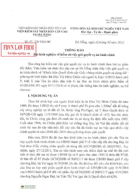 ThÔng BÁo RÚt Kinh NghiỆm VỀ GiẢi QuyẾt VỤ Án HÀnh ChÍnh Luật Sư Đà