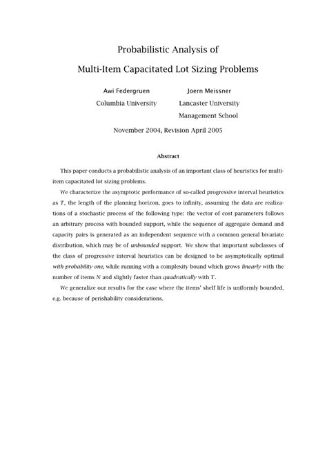 PDF Probabilistic Analysis Of Multi Item Capacitated Lot Sizing Problems