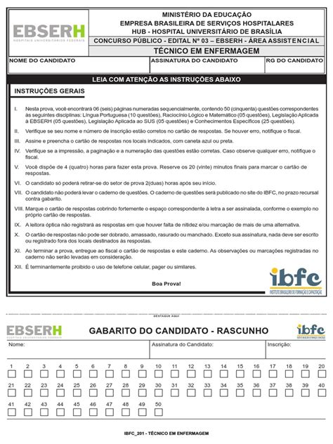 Gabarito Prova Ebserh 2025 Tecnico De Enfermagem - Ebserh Tecnico em Enfermagem Prova | PDF