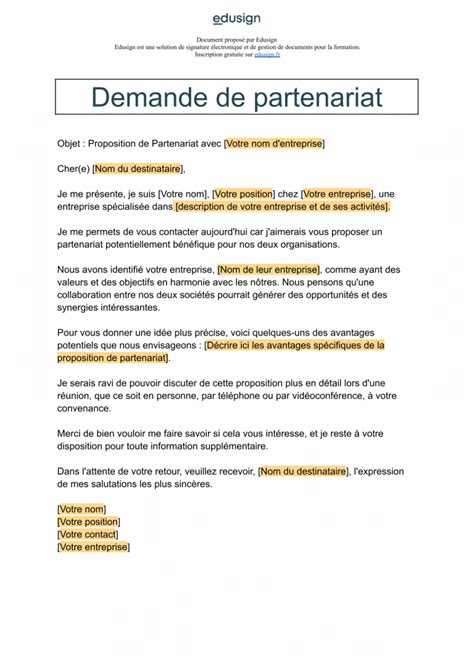 Demande De Partenariat Mod Le De Mail Ou De Lettre Gratuit Edusign