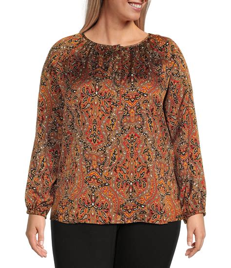 Michael Michael Kors Plus Size Long Sleeve Button Paisley Satin Blouse