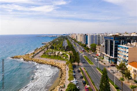 Aerial View Of Molos Promenade Park On Coast Of Limassol City Centre