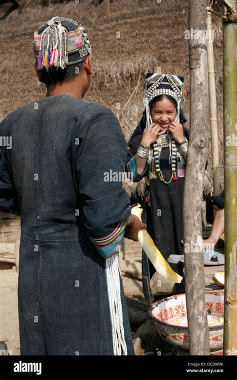 Ethnic Akha Women In Tribal Village Near Phongsali Laos Stock Photo