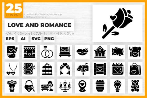 Love And Romance Glyph Vector Icons Pack