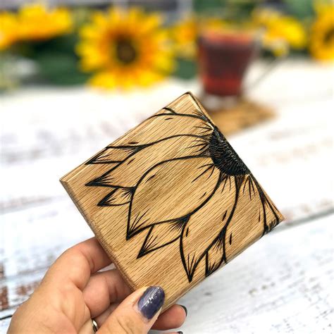 Sunflower Solid Oak Coaster A Beautiful Handmade Wooden Coaster Hand