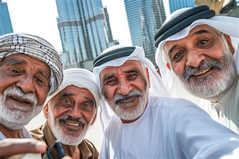 Un Grupo De Amigos Rabes Mayores Se Toman Una Selfie En El Burj