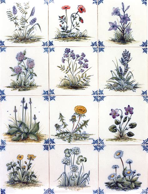 Authentic Delft Tiles Featuring A Series Of Hand Painted Meadow Flowers