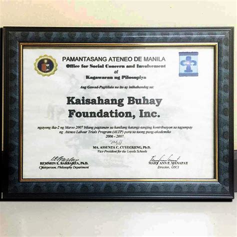 Awardsrecognition Kaisahang Buhay Foundation Inc