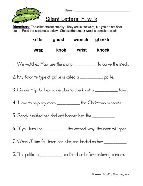 Silent Letters H W K Worksheet 1