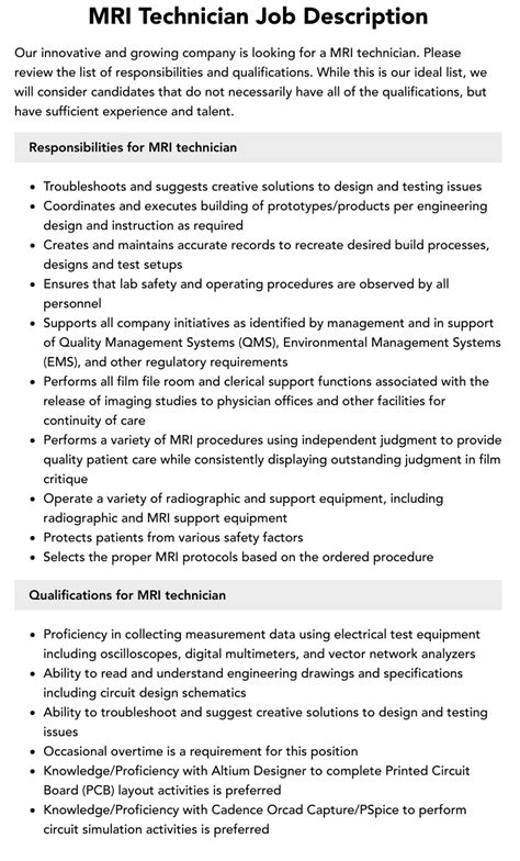 MRI Technician Job Description | Velvet Jobs