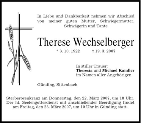 Traueranzeigen Von Therese Wechselberger Trauer Merkur De