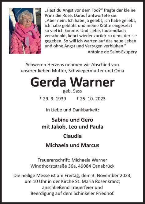 Traueranzeigen Von Gerda Warner Noz Trauerportal