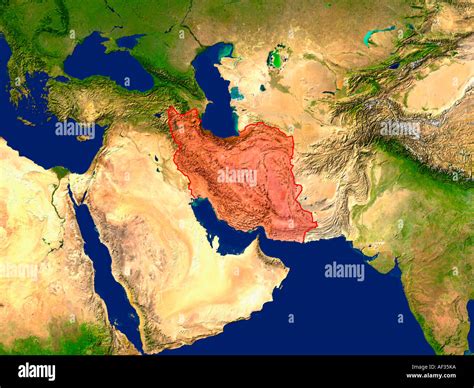 Satellite Image Of Iran Highlighted Red Stock Photo Alamy