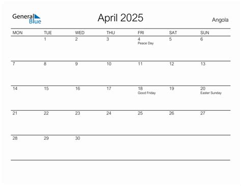 Printable April 2025 Monthly Calendar With Holidays For Angola