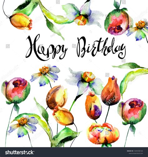 Original Flowers Title Happy Birthday Watercolor Stock Illustration 1045598104