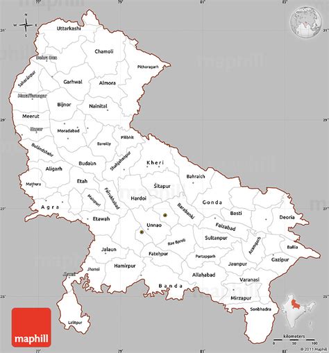 Gray Simple Map of Uttar Pradesh, cropped outside