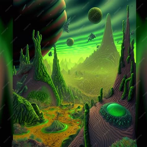 Premium AI Image | green alien planet landscape psychedelic concept art