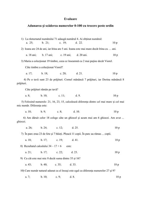 AcademiaABC Evaluare Adunarea și scăderea 0 100 cu trecere peste ordin