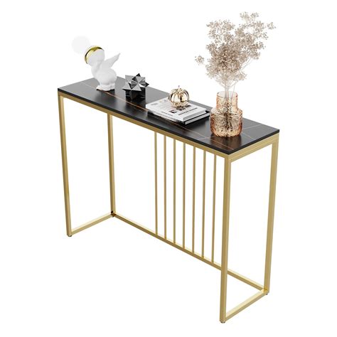 Buy Slim Console Table Hallway Unit Black Gold Lines Pattern Marble