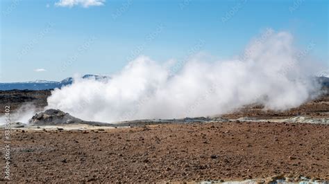 Hverir Myvatn geothermal area with natural steam vents and mud pools ...