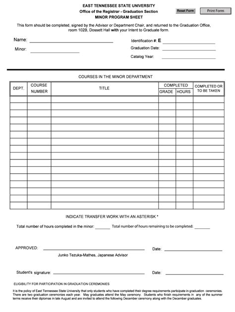 Fillable Online Etsu Checksheet For Minor In Japanese East Tennessee