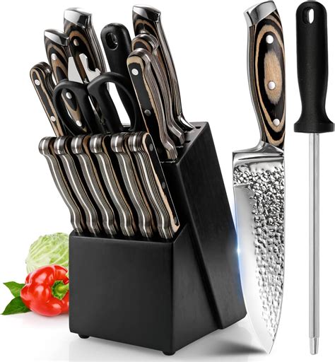 Knife Sets for Kitchen,15-piece Hammered Desgin Knife Set with Block ...