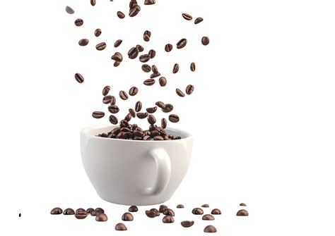 Coffee Beans Falling Into A White Cup Isolated On Transparent