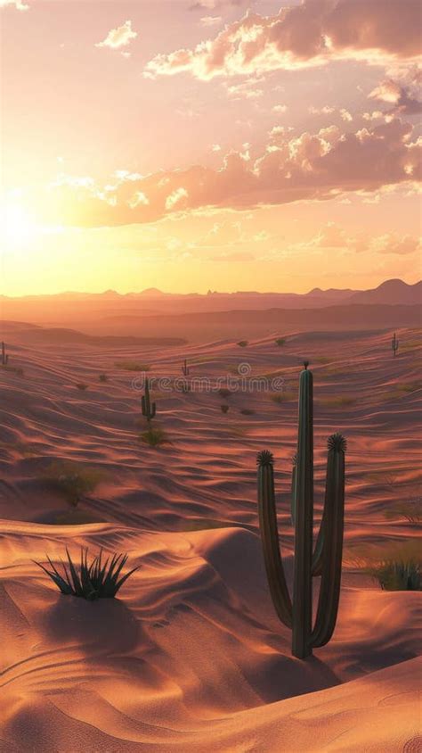 Desert Landscape With Cactus At Sunset Scenic View Tranquil Nature