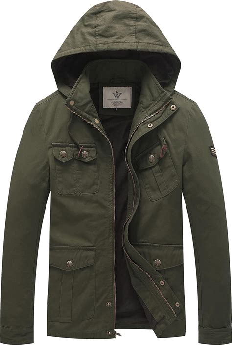 Wenven Men S Lightweight Canvas Hooded Military Jacket Windbreaker At