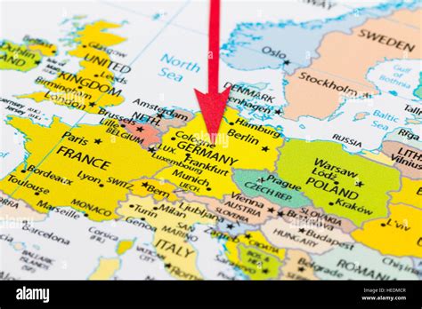 Red arrow pointing Germany on the map of Europe continent Stock Photo: 129379175 - Alamy