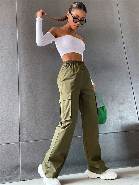 Solid High Waist Flap Pocket Cargo Trousers Artofit