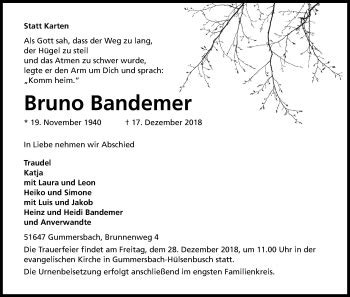 Traueranzeigen Von Bruno Bandemer Wirtrauern