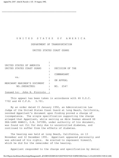 Appeal No John R Picciolo V Us U S Coast Guard Uscg