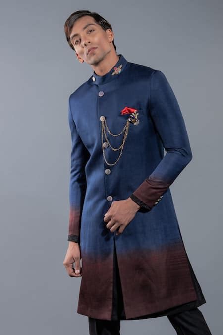 Buy Blue Silk Linen Ombre Sherwani For Men By More Mischief Online At