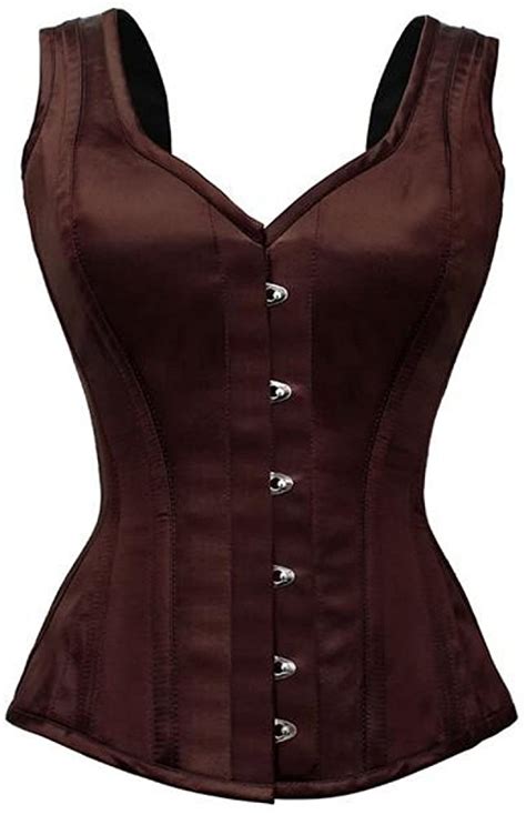 Brown Satin Shoulder Strap Gothic Burlesque Waist Training Overbust Corset Top