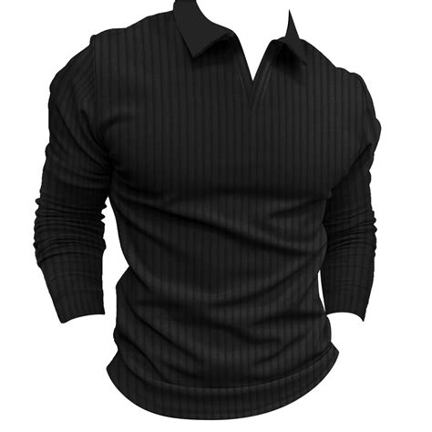 Black Mens Graphic Tees Mens Casual Standing Collar Solid Color Long Sleeved V Neck T Shirts