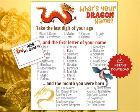 What S Your Dragon Name Game With Nametags Sign Dragon Theme Party Game Dragon Birthday Activity