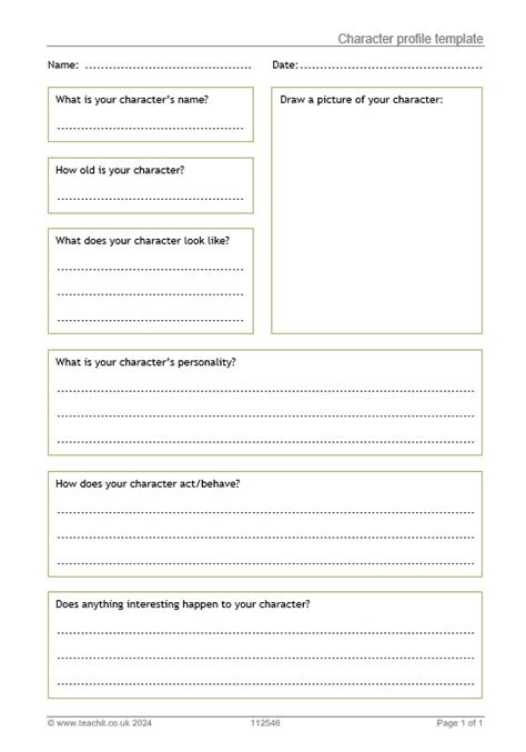 Character Profile Template For Ks I Primary English Teachit