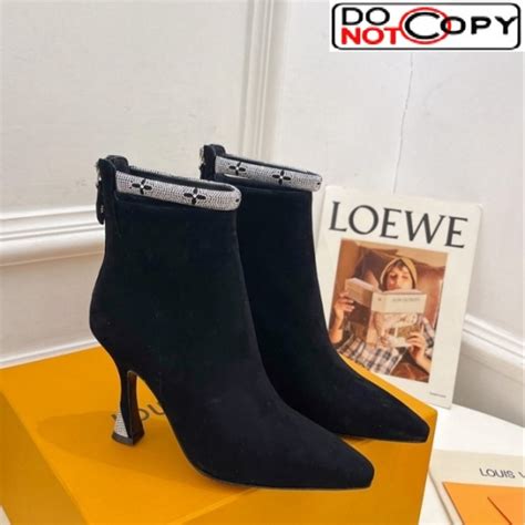 Louis Vuitton Suede Ankle Boot 9 5cm With Crystal Ankle Strap Black