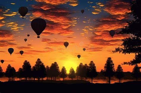 Silhouette Of Hot Air Balloons Against Sunset Sky Stock Illustration