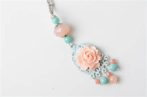 Long Necklace Shabby Chic Necklace Flower Necklace Coral Rose Cabochon