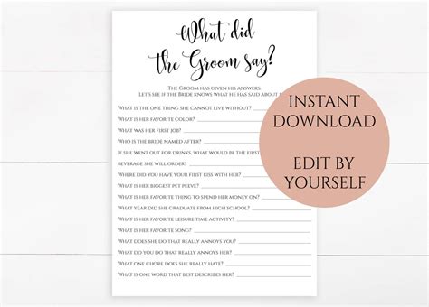 Editable What Did The Groom Say Printable He Say About His Bride Game