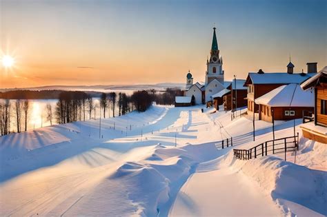 Un Camino Nevado Con Una Iglesia Al Fondo Foto Premium