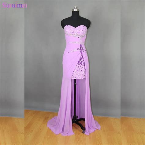 Real Hi Low Prom Dresses Lavander High Slit Chiffon Long Prom Dresses