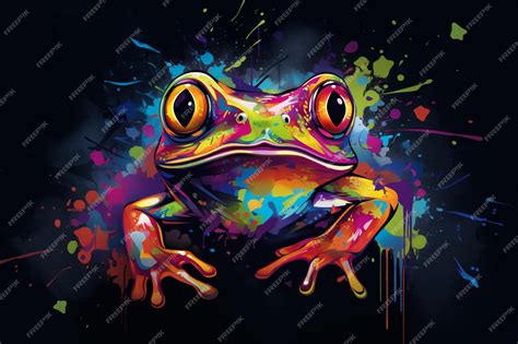 Premium Photo Brightly Colored Frog With Splats On Black Background